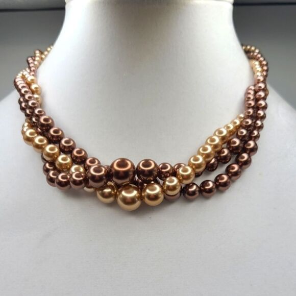 Rmn Jewelry - RMN Vintage Twisted 3 strand faux pearl necklace, brown and cream